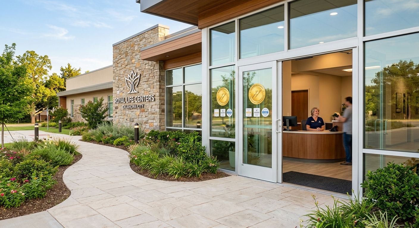 Professional photograph of the Royal Life Centers Oklahoma City facility entrance, modern facade with landscaped path, natural daylight illuminating exterior, and friendly staff member visible through glass at reception desk.