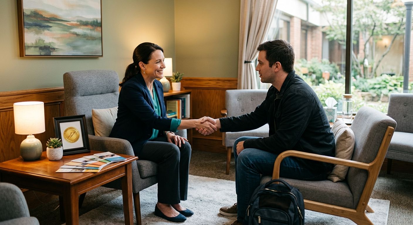 Warm interior of an addiction treatment facility in Oklahoma City with a counselor greeting a client in a comfortable consultation room.