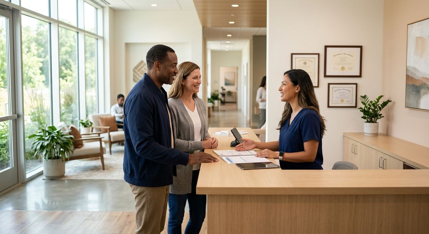 A bright and welcoming rehab facility entrance with a diverse couple speaking to an intake coordinator at the front desk
