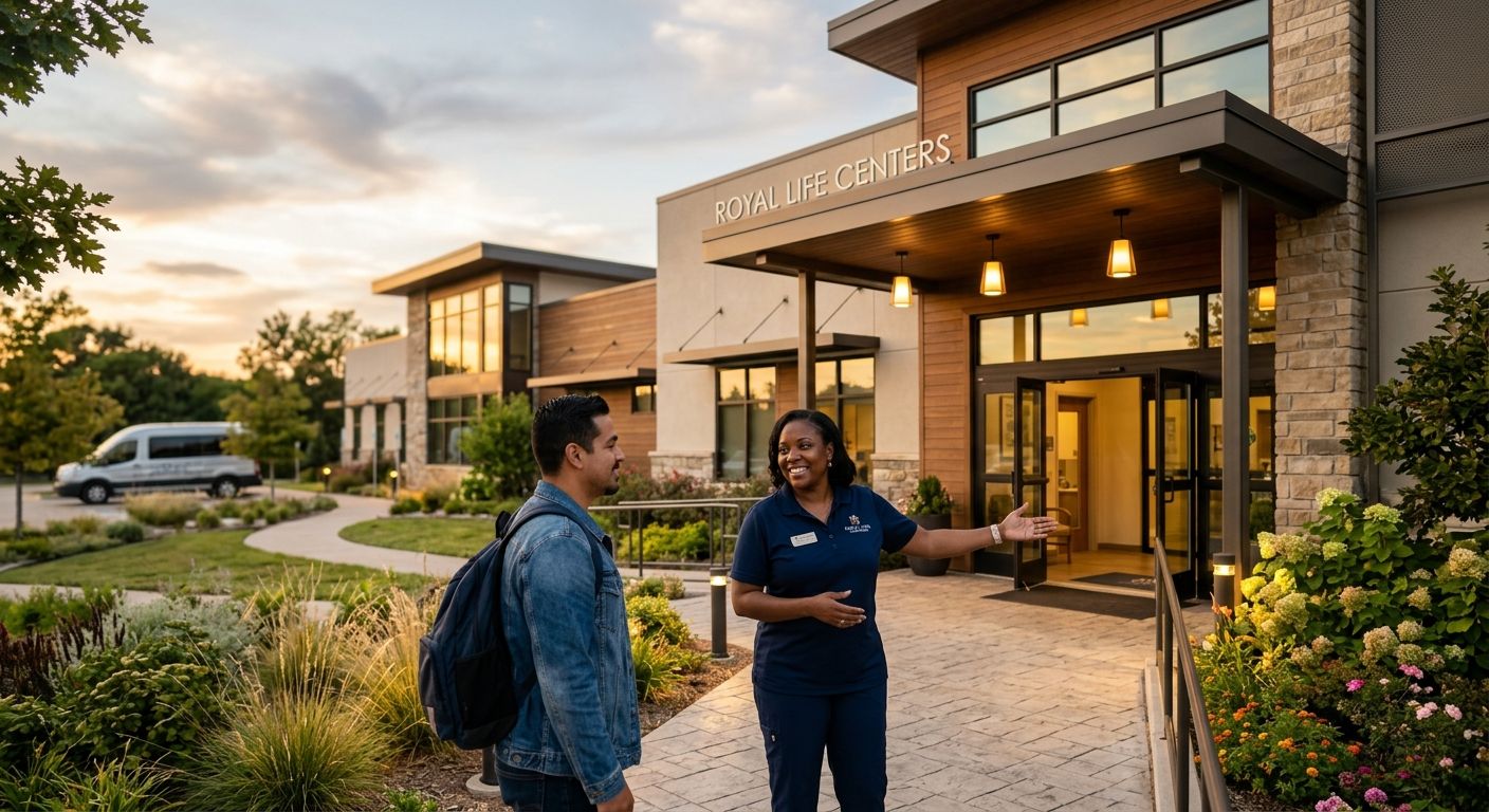 Professional photograph of the Royal Life Centers detox and addiction treatment center in Oklahoma City at golden hour, showing a welcoming entrance with a staff member greeting a guest, conveying trust and new beginnings.
