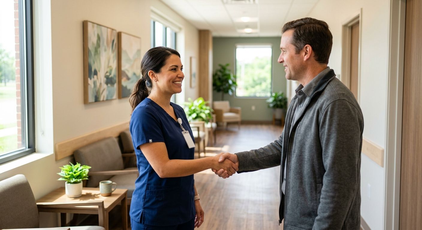 Welcoming interior at Royal Life Centers Oklahoma City facility with staff greeting client.