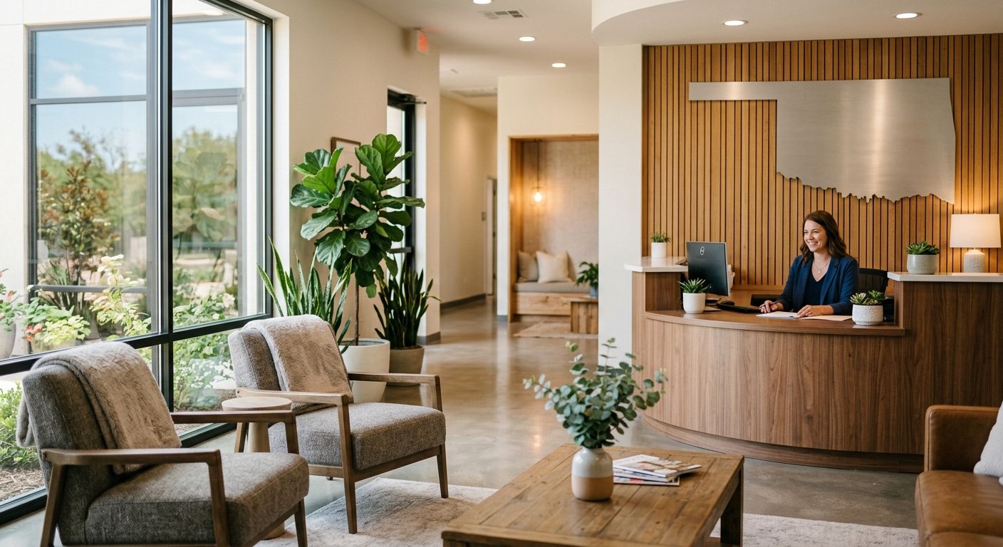 Serene modern lobby of an Oklahoma addiction treatment center with comfortable armchairs, plants, and natural light