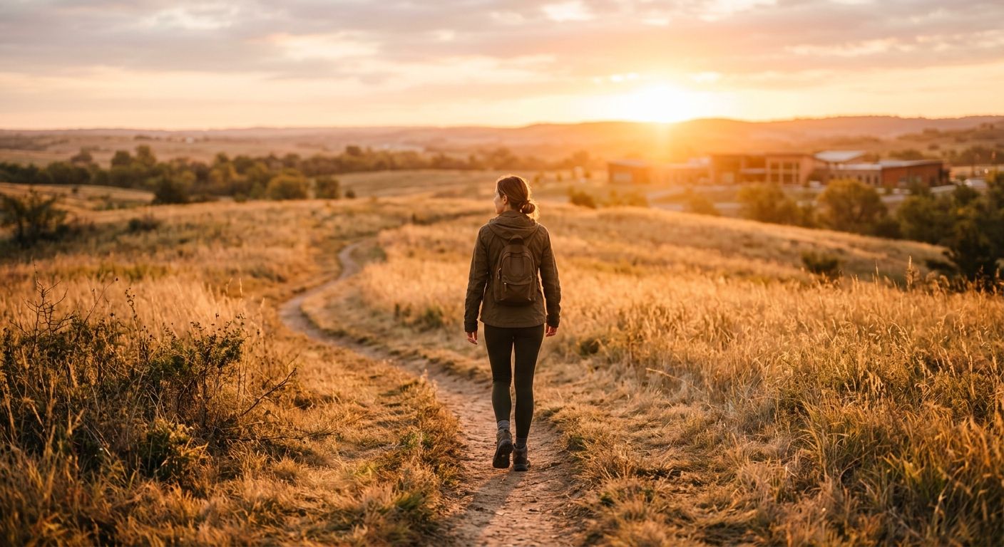 A person walking on a winding path through an Oklahoma prairie toward a golden sunrise, symbolizing hope and recovery.