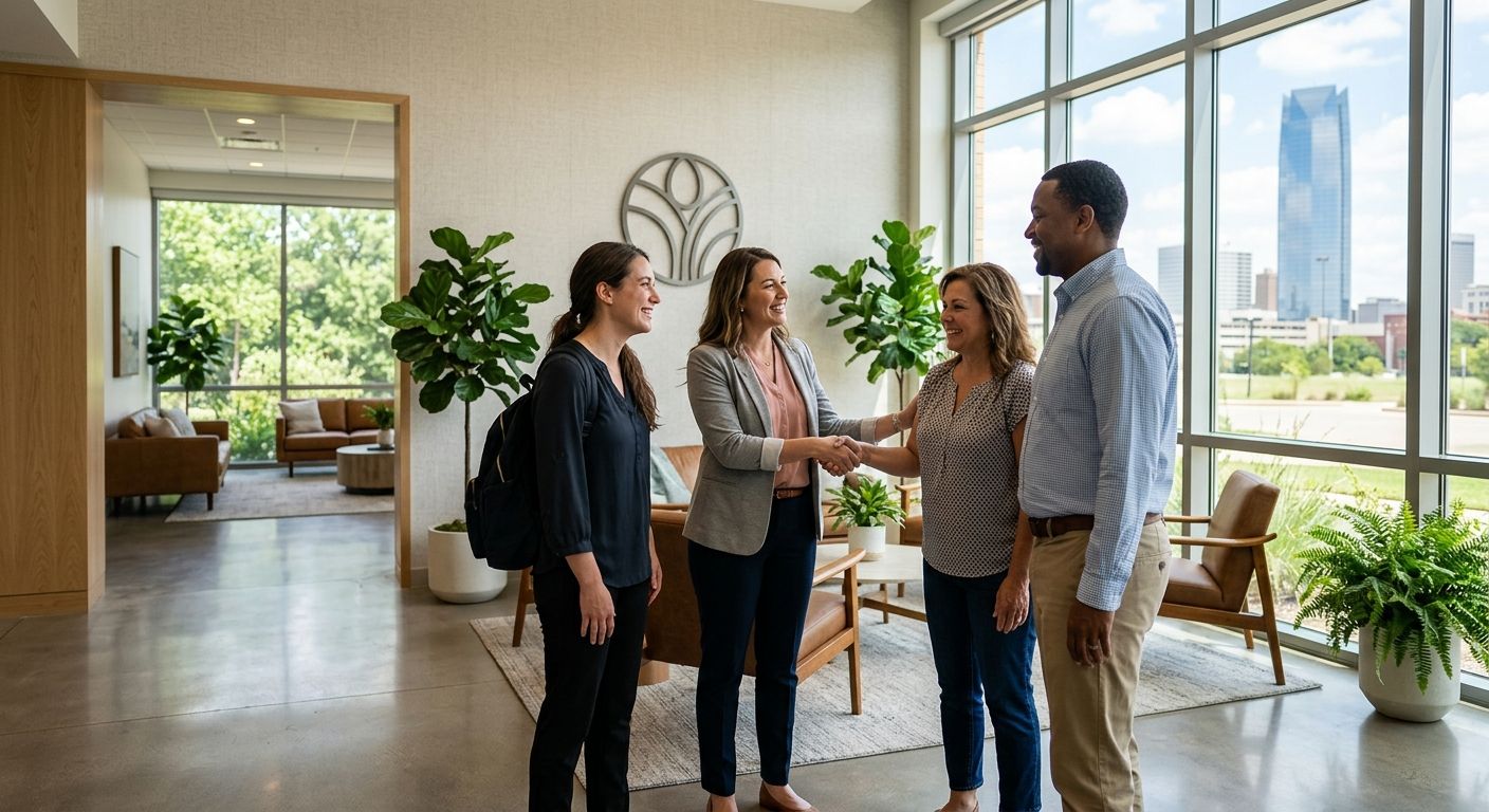 Professional photograph of diverse counselors greeting a family at a modern addiction rehab center lobby in Oklahoma City with skyline view
