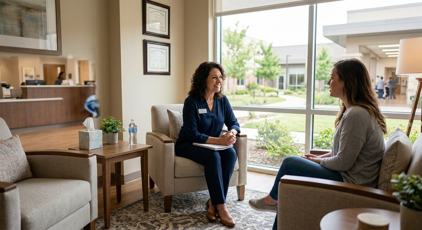 Professional photograph of a modern inpatient rehab center interior in Oklahoma, with a counselor and client in a private consultation room, conveying empathy and trust