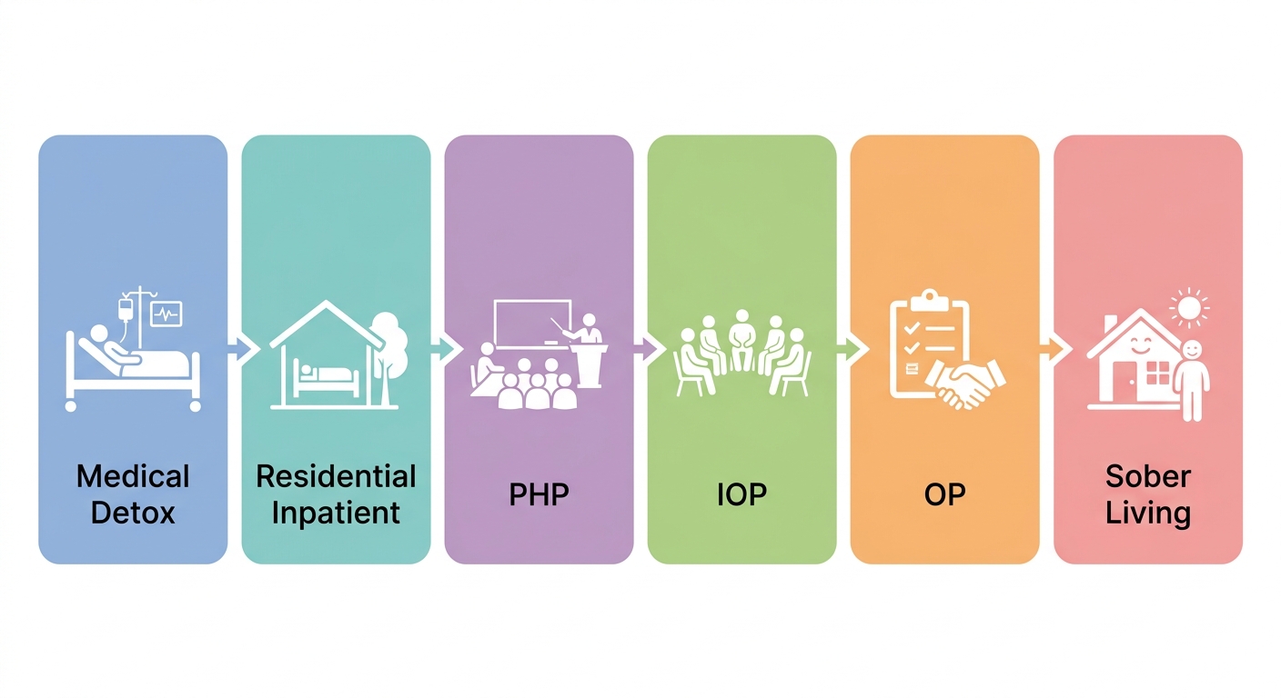 Horizontal process flow diagram of Royal Life Centers continuum of care with six stages from Medical Detox to Sober Living