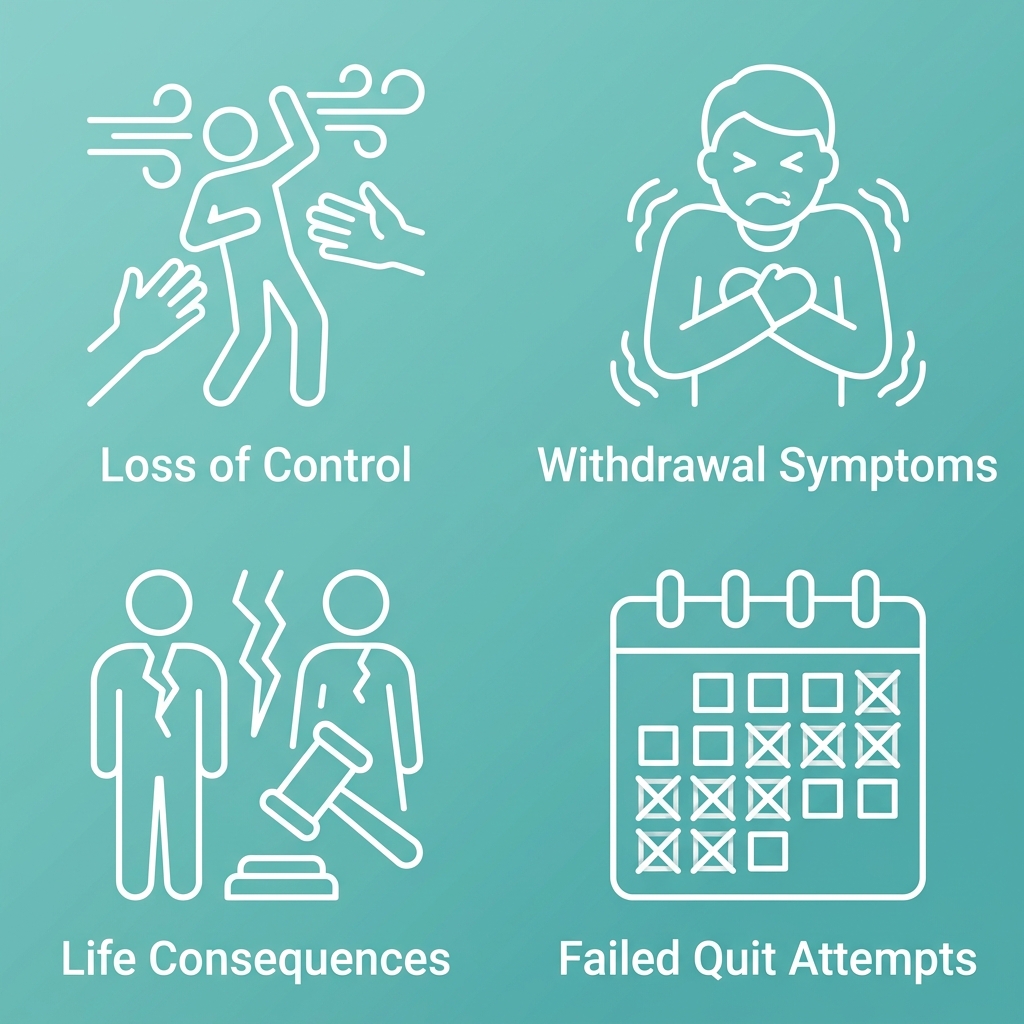 Icon set with four signs of substance use disorder: Loss of Control, Withdrawal Symptoms, Life Consequences, and Failed Quit Attempts. Each icon is a white outline on a teal gradient background.
