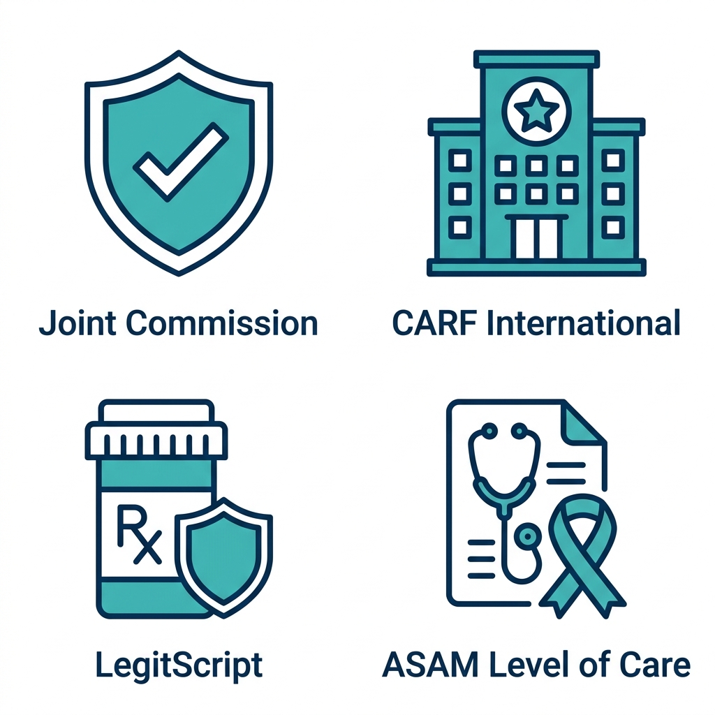 Four flat icons representing Joint Commission, CARF International, LegitScript, and ASAM Level of Care accreditations in teal and deep blue on a white background.
