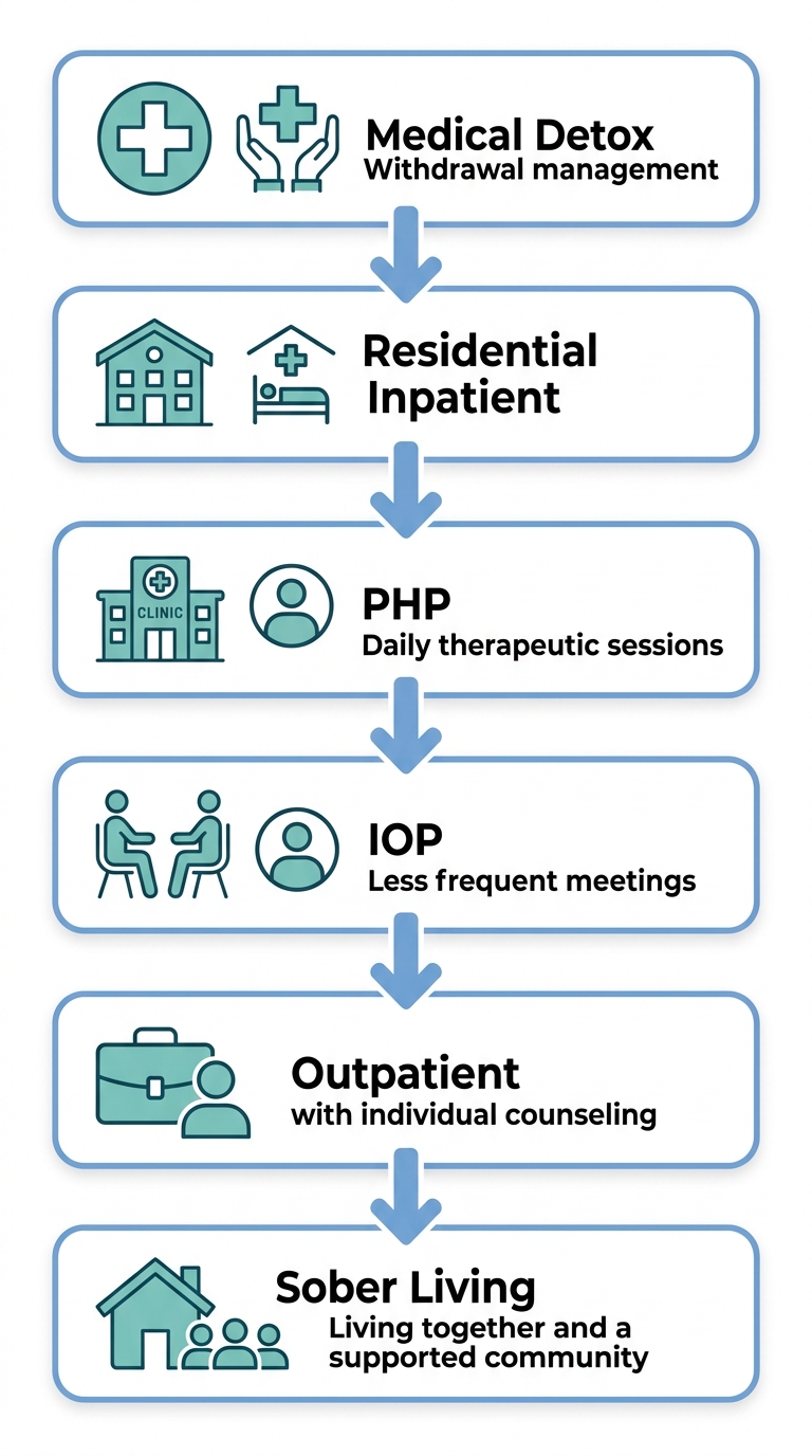 Vertical process flow diagram showing six levels of addiction treatment care from medical detox to sober living