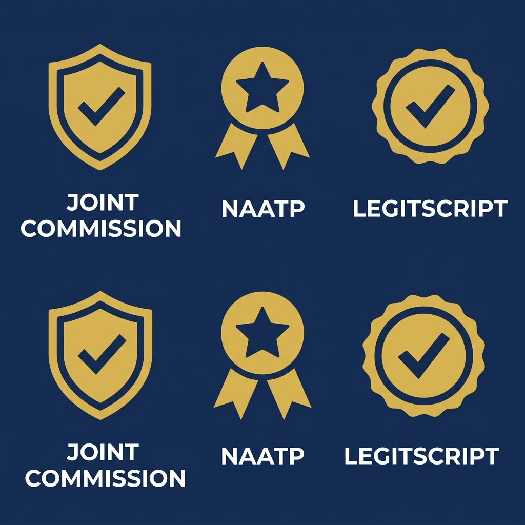 Minimalist icon set of three accreditations: Joint Commission shield, NAATP ribbon, and LegitScript seal.