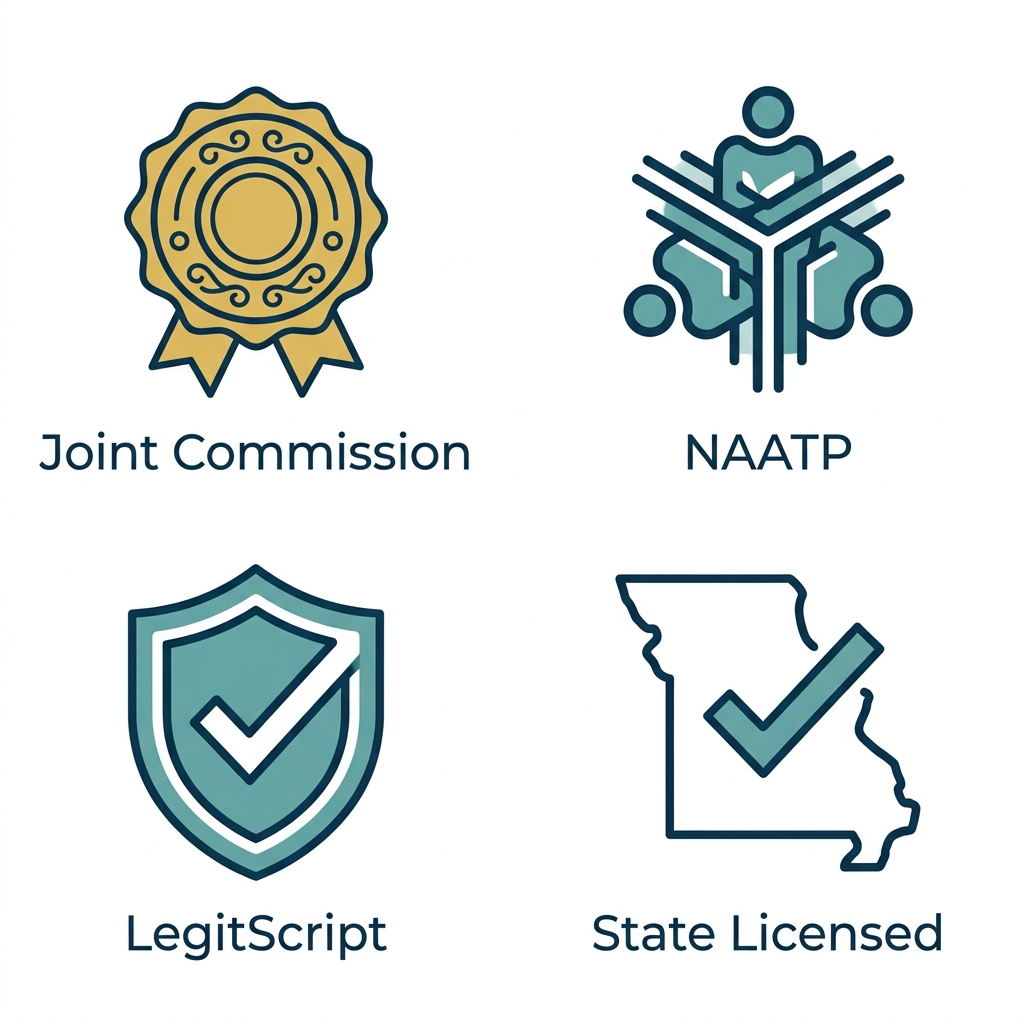 Four icons showing Joint Commission, NAATP, LegitScript, and State Licensed accreditations.
