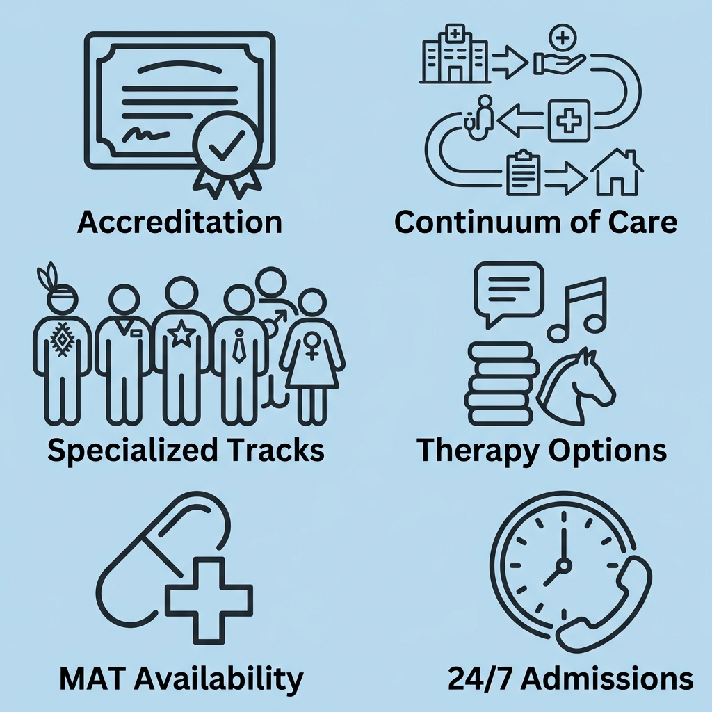Icon grid of six inpatient rehab selection criteria: accreditation, continuum of care, specialized tracks, therapy options, MAT availability, and 24/7 admissions.
