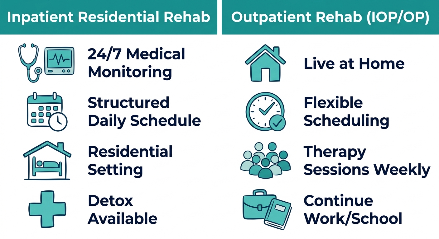 Infographic comparing Inpatient Residential Rehab and Outpatient Rehab with icons and labels for each care type.